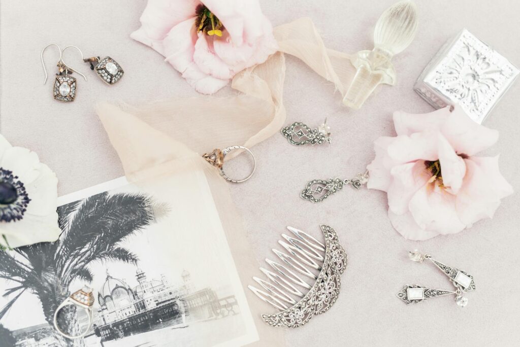 heirloom decorating silver jewelry on the table